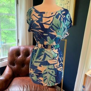 Forever 21 Printed Tropical Blue Belted Dress M